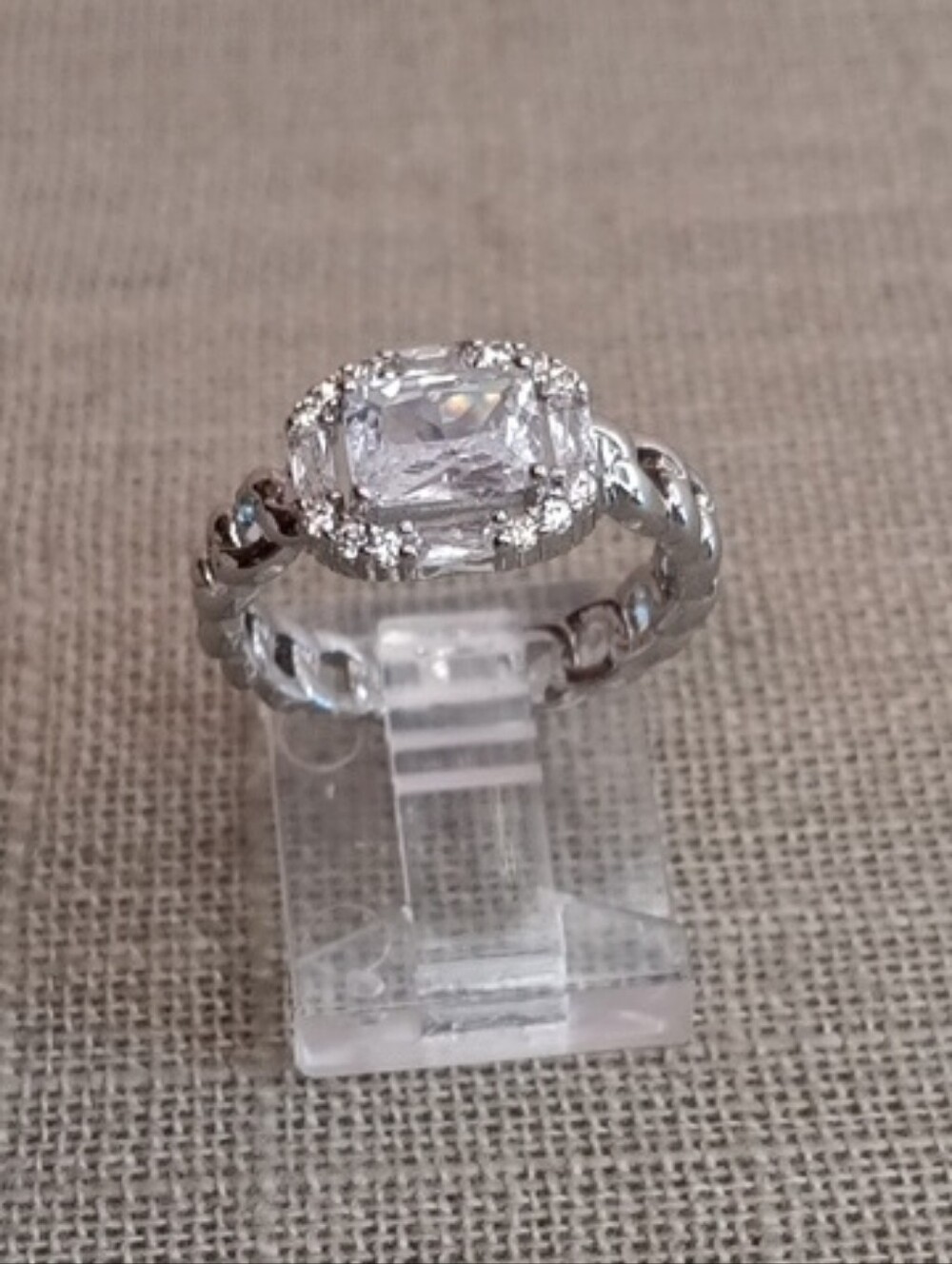Silver Tone Halo Cushion-Cut Clear Stone Fashion Ring Size 7